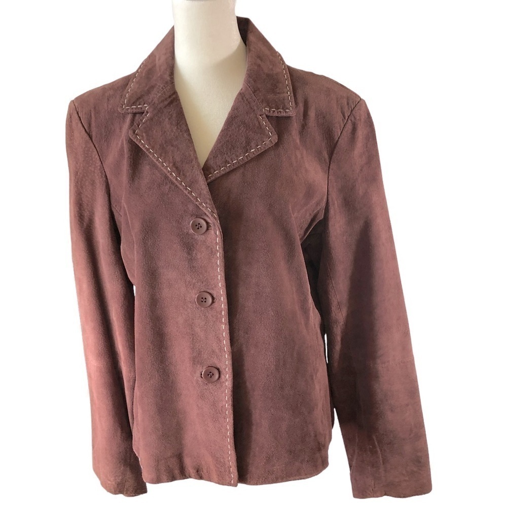 Brandon Thomas Suede Leather Top Stitched BlazerJacket Women L Mauve